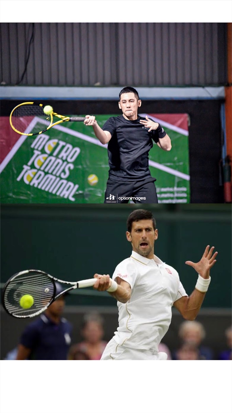 The author in black tennis clothes extending his racquet towards the ball during a forehand.